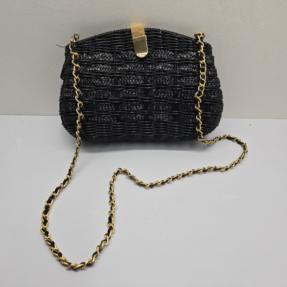 Vintage Black Woven Wicker Crossbody Bag Gold Chain Strap Evening Clutch
